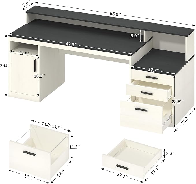 65 Inch Computer Desk with 3 Drawers &amp Storage Shelves Executive Desk with File Drawer &amp Cabinet Home Office Desk with Long Monitor Stand &amp Printer Shelf Black &amp White