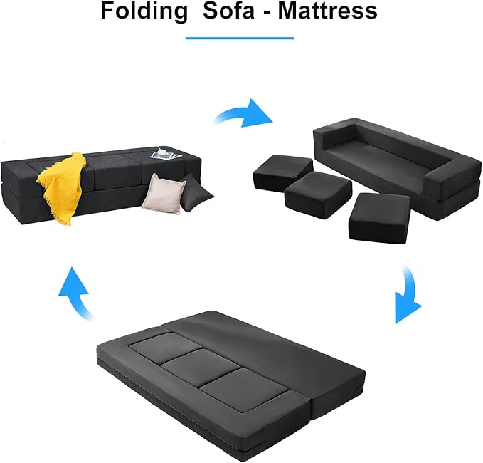 PUREMIND 10 Inch Folding Sofa Bed Velvet Convertible Floor Sleeper Sofa with 3 Ottomans Upholstered 2-in-1 Fold Out Couch Bed Queen Size Guest Bed Foldable Mattress for Living Room Office