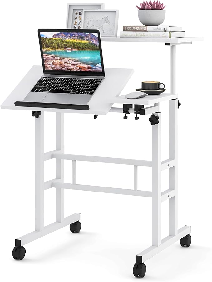 Giantex Mobile Standing Desk Height Adjustable Stand Up Table with Wheels &amp Tilting Tabletop Rolling Laptop Cart Computer Workstation for Standing or Sitting Home Office Sit Stand Desk (White)