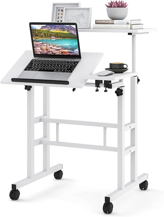 Giantex Mobile Standing Desk Height Adjustable Stand Up Table with Wheels &amp Tilting Tabletop Rolling Laptop Cart Computer Workstation for Standing or Sitting Home Office Sit Stand Desk (White)