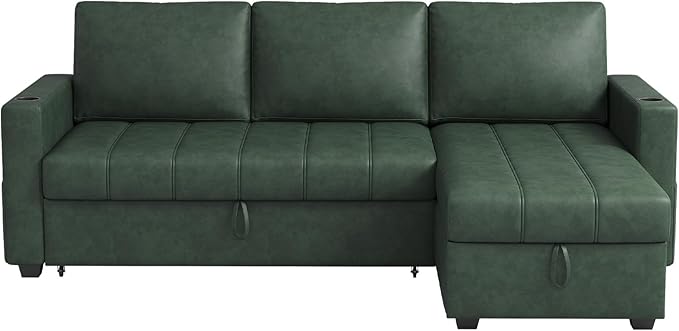89 inch L-Shaped Sectional Sofa Sleeper with Storage Space &amp Side Pocket Anti-Scratch Faux Leather Couch Bed with USB Port &amp Cup Holder Modern Piano Design Pull Out Bed for Living Room