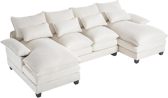 110.2 Modular U Shaped Cloud Couch Modern 4-Seat Chenille Upholstery Sectional Sofa with Double Chaise &amp Double Layer Cushions Deep Seat Comfy Couch for Living Room Bedroom Apartment Beige