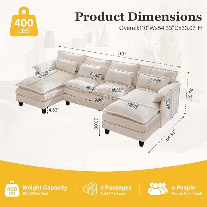 110 U Shaped CouchModular Sectional Sofa with 4 Waist PillowsSleeper Deep Seat Couch with Double Chaise Lounge &amp Memory Foam for Living Room
