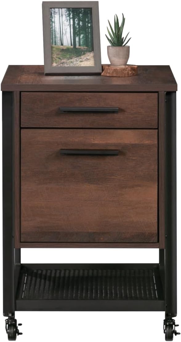 Antique Dark Oak Mobile Filing Cabinet with 2 Drawers Mesh Lower Shelf 4 Wheels Rectangular Portable Filing Cabinet Farmhouse for Office Study Room