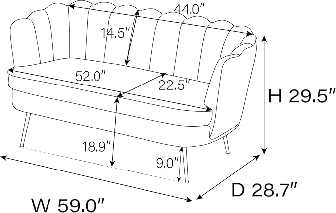 Anwick 59 Small Modern Chenille Loveseat Sofa 2-Seater Sofa with Gold Metal Legs Small Couch with Flower Shaped Back for Living Room Bedroom Office (Black)
