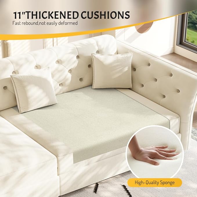 100 King Size Sleeper Sofa Bed 3-in-1 Convertible Pull Out Chesterfield Sleeper Couch Oversized Velvet Flower Button Tufted 4-Seat Sofa for Living Room Apartment (Beige White)