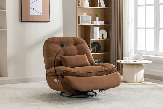 Linique Power Recliner Sofa Chair 270 Degree Swivel Leisure Single Sofa with Button Control Wireless Speaker USB Ports Hidden Arm Storage Phone Holder for Living Room Brown Fabric (Without LED)