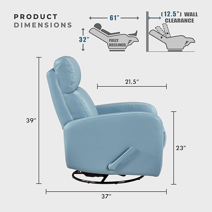 Lexicon Swivel Glider Reclining Chair Top Grain Leather Match Manual Pull Handle Recliner Comfy Nursery Glider Recliner Swivel Reclining Chair for Living Room/Office/Bedroom/Apartment Blue