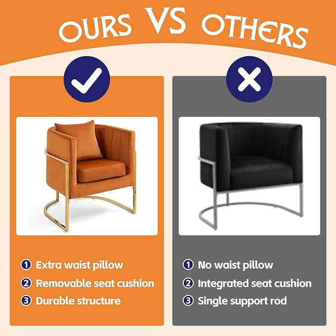 Velvet Modern Living Room Accent Chairs Set of 2 Upholstered Mid-Century Barrel Chairs for Bedroom Side Club Reception Chairs with Gold Metal Legs Orange