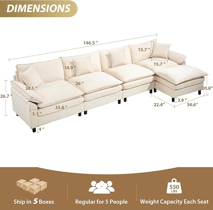 Oversized Modular Sectional Sofa 146.5 Inch L Shaped Cloud Couch Set 4-Seat Comfy Convertible Sofa with 1 Movable Ottoman DIY Combination Sleeper Couch for Living Room(Chenille Beige)