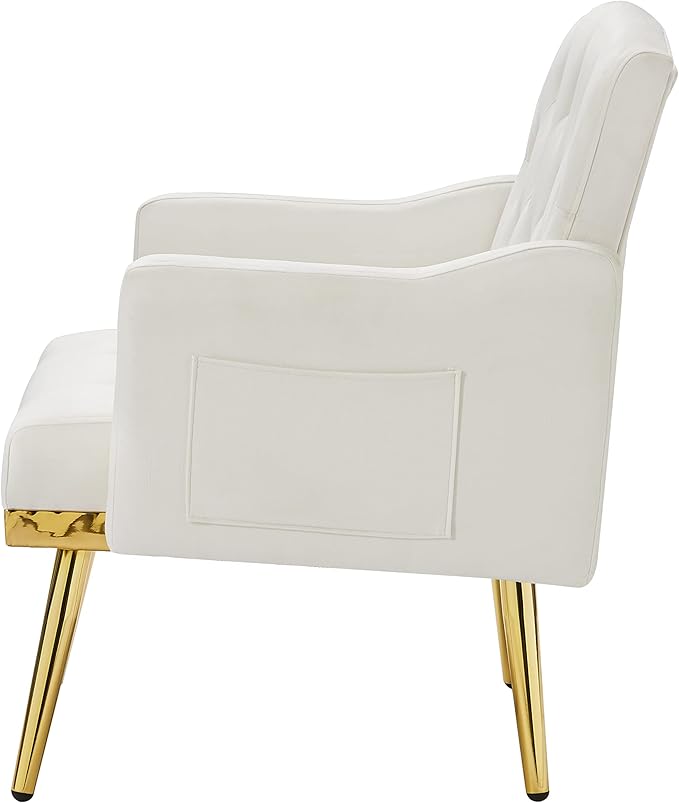 kevinplus Velvet Accent Chair Living Room Chair Leisure Single Sofa Chair Comfy Vanity Chair for Bedroom Modern and Mid-Century Armchair Sitting Chair for Reading Relaxing Gold Metal Leg White