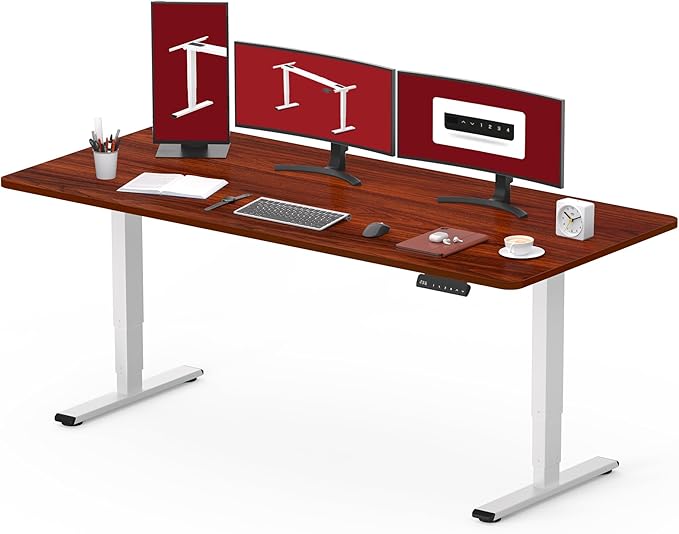 SANODESK Standing Desk with Dual Motor 3-Stage Lifting Column Handset with 3 Preset and Sit-Stand Reminder - 60 inch One-Piece Mahogany Desk/White Frame Height Adjustable Desk for Home and Office