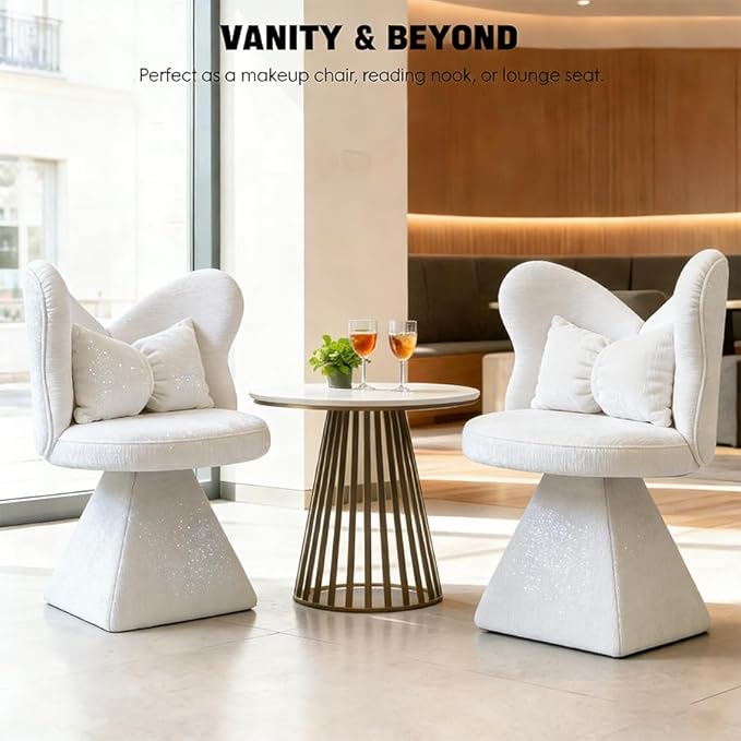 KEIKI 360° Swivel Accent Sofa Chair Armless Chenille Vanity Chair Upholstered Single Sofa for Living Room Bedroom or Vanity White