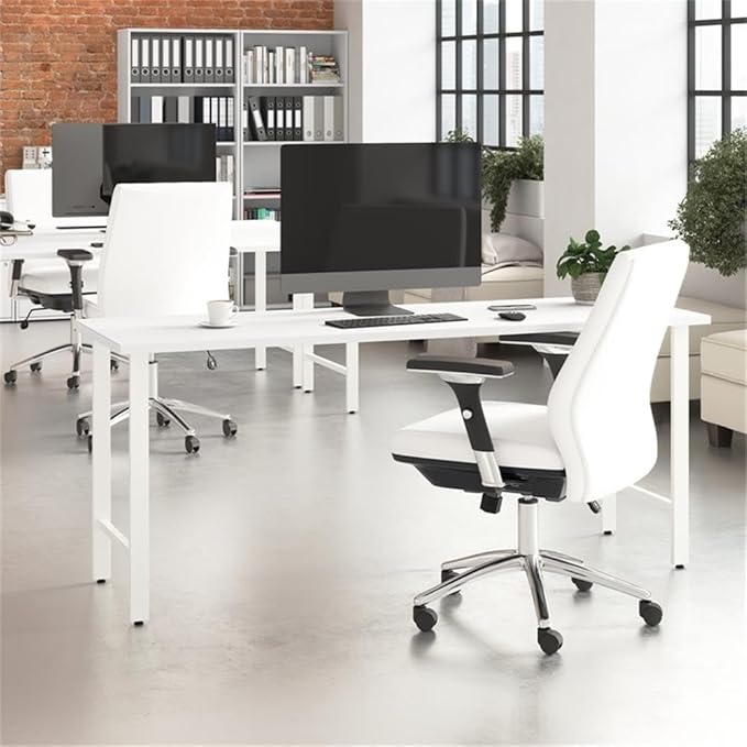 Pemberly Row 72W x 24D Computer Desk Engineered Wood White Finish Metal Legs Built-in Wire Management Durable Large Workspace Modern Home Office or Professional Desk