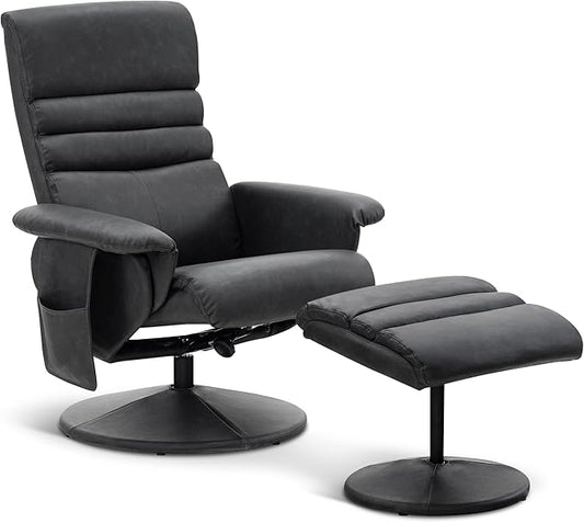 MCombo Recliner with Ottoman Reclining Chair with Massage 360 Swivel Living Room Chair Faux Leather 7902 (Dark Grey)