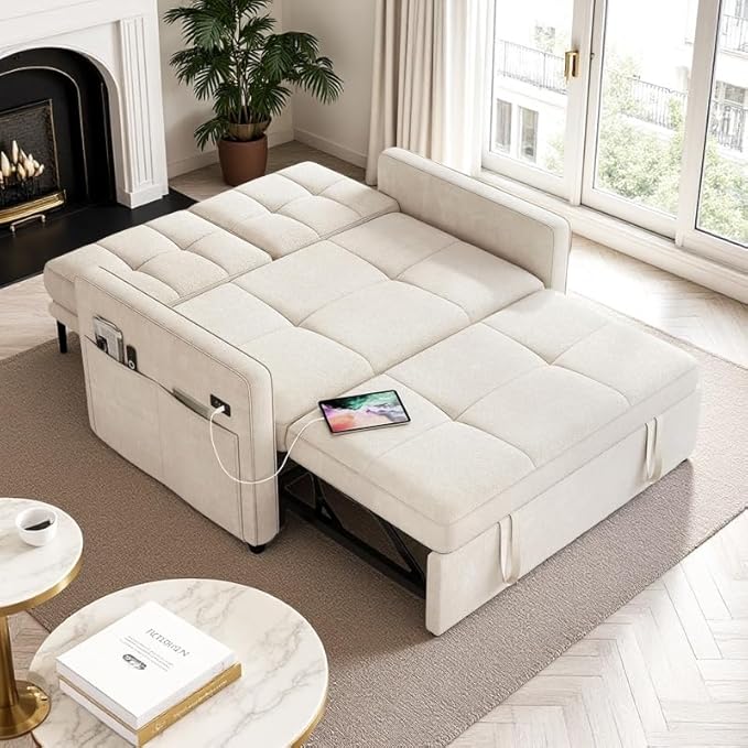 DWVO 55 Convertible Sofa 3-in-1 Sleeper Sofa with Pull-Out Velvet Futon Couch with Adjustable Backrest and USB Modern Loveseat for Living Room Apartment Light Beige