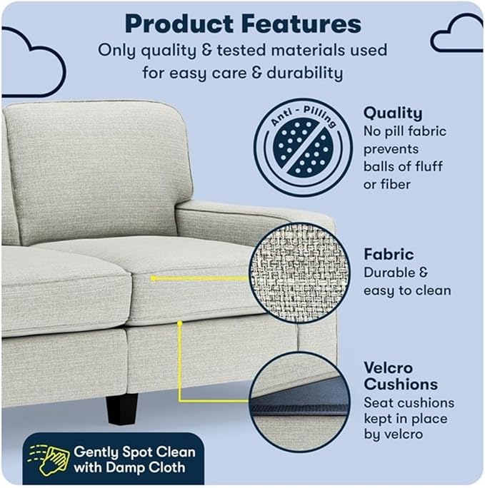 Pemberly Row 61 Track Arm Sofa Loveseat Pebble Gray Removable Covers Anti-Pilling Polyester Upholstery Compact Space-Saving Design Solid Wood Frame Modern Classic for Living Room or Home Office