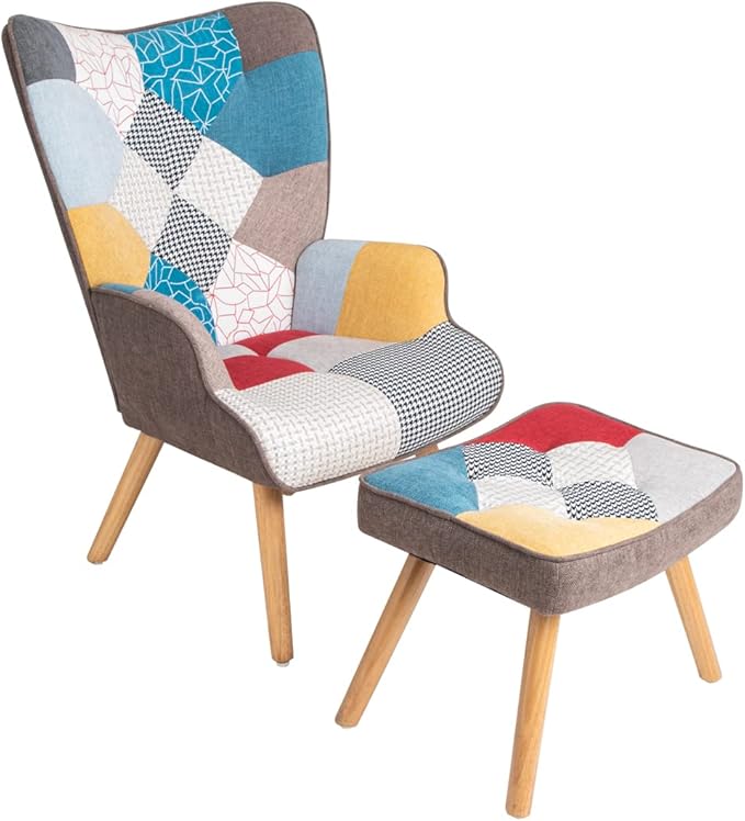 Accent Chair with Ottoman Living Room Chair and Ottoman Set Comfy Side Armchair for Bedroom Creative Splicing Cloth Surface