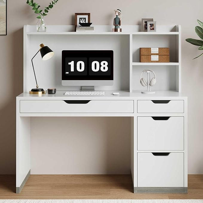 White Desk with Hutch 53 Inch Computer Desk with Storage File Drawer White Study Desk with 4 Drawers for Bedroom Small Space