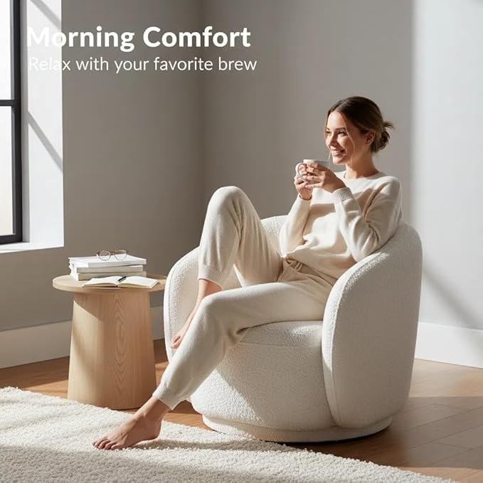 Boucle Swivel Barrel Chair Swivel Accent Chair 360° Base Oversized Round Chair with Thick Foam No-Assembly Single Sofa Chair for Living Room &amp Bedroom Modern White Boucle Accent Chair