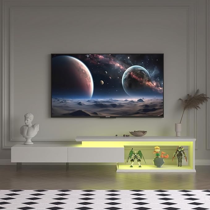 Extendable TV Stand for 65 75 85 Inch TV Relief Surface Entertainment Center with Light String Equipped with Two Pull-Down Door 60 70 80 90 Inch TV Console TV Table for Living Room White