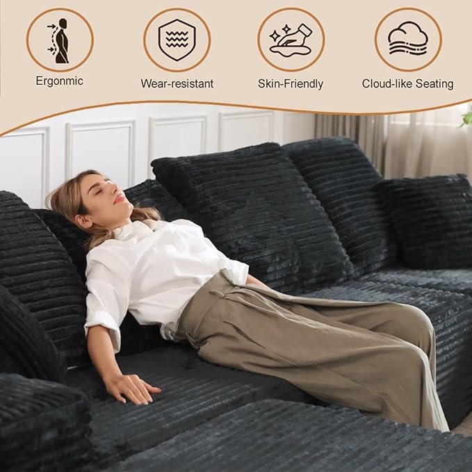 107.5 Sectional Couch Sofa Modular Cloud Couch with Pillows Corduroy L-Shape Sectional Couches for Living Room Apartment Office No Assembly Required (Black Left Facing Chaise+2 Seaters)