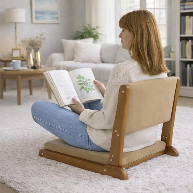 HollyHOME Foldable Tatami Chair Upholstered Japanese Style Floor Seat Wood Legless Back Rest with Cushion Accent Meditation for Bay Window Living Room Bedroom Dark Brown