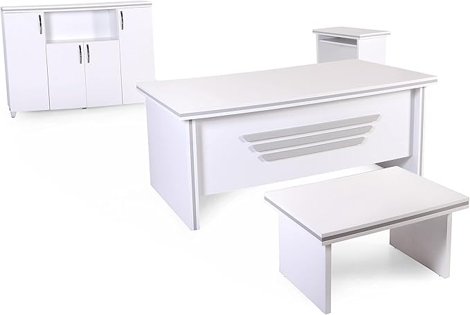 71 Wood Office Furniture Set of 4pcs | Modern Executive Desk | Credenza w/Keyboard Shelf | Large Storage Cabinet w/Chrome Handles &amp Legs | Coffee Table | Sturdy Home Workstation | White