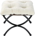 15 Foldable Foot Stool Ottoman with Metal Frame - Washable Faux Fur Beige Upholstered Indoor/Outdoor Footrest for Living Room Bedroom Patio - Space-Saving Compact Design