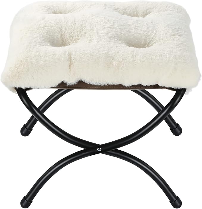 15 Foldable Foot Stool Ottoman with Metal Frame - Washable Faux Fur Beige Upholstered Indoor/Outdoor Footrest for Living Room Bedroom Patio - Space-Saving Compact Design