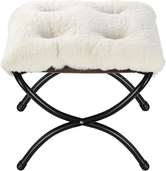 15 Foldable Foot Stool Ottoman with Metal Frame - Washable Faux Fur Beige Upholstered Indoor/Outdoor Footrest for Living Room Bedroom Patio - Space-Saving Compact Design