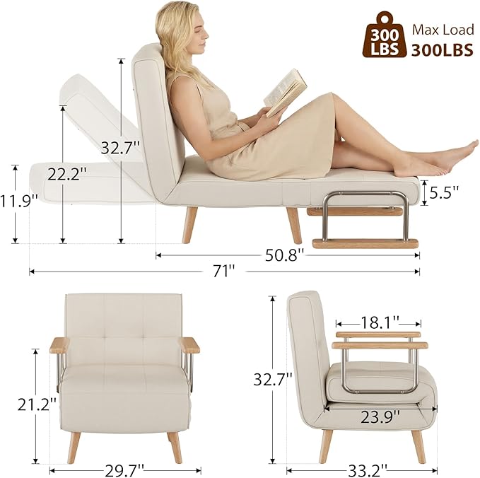 Folding Chair Bed convertible chair to bed3-in-1 Convertible Sleeper Chair Bed Futon Chair with 6-Level Adjustable Backrest for Guest Room Apartment Dormitory Home Office Cream Beige