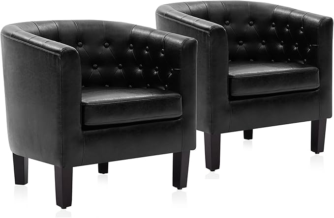 BELLEZE Black Accent Chairs for Living Room Set of 2 Elegant Arm Chairs Upholstered Tufted Barrel Chairs Club Chairs for Bedroom with Sturdy Legs and Faux Leather - Berlinda (Black)