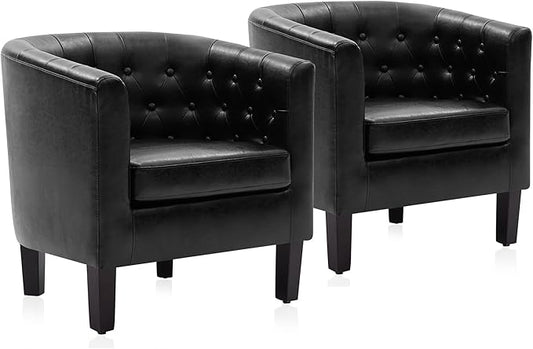 BELLEZE Black Accent Chairs for Living Room Set of 2 Elegant Arm Chairs Upholstered Tufted Barrel Chairs Club Chairs for Bedroom with Sturdy Legs and Faux Leather - Berlinda (Black)
