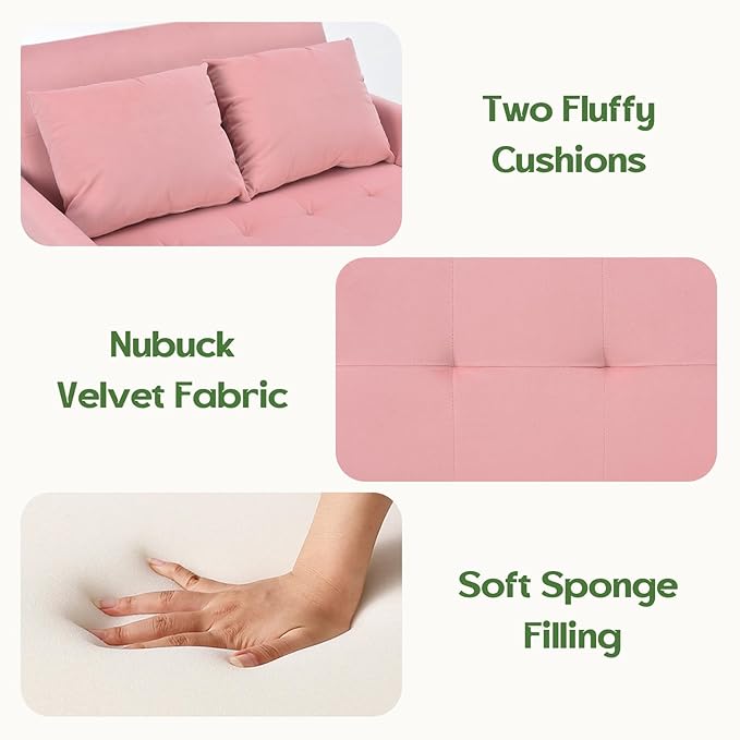 3 in 1 Convertible Pull Out Sleeper Couch Sofa Bed Small Loveseat Futon Bed 46 Velvet Love Seat with Pillow and Phone Holder for Living Room Pink