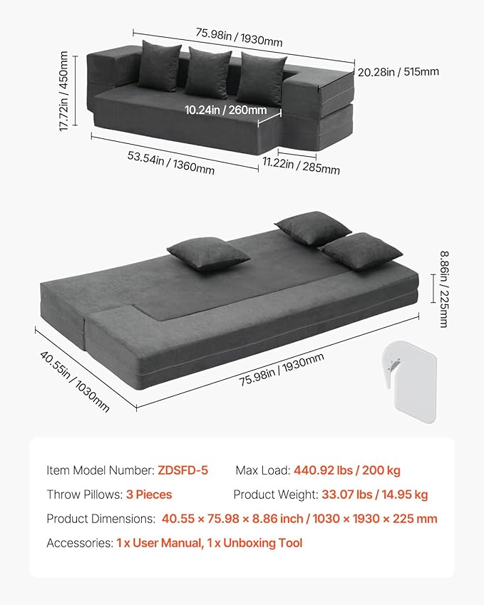 VEVOR Folding Sofa Bed 3-in-1 Foldable Couch Bed with 3 Pillows and Washable Cover 25D High Density Memory Foam Convertible Sleeper Chair Bed Futon Couch Dark Grey(Twin XL)