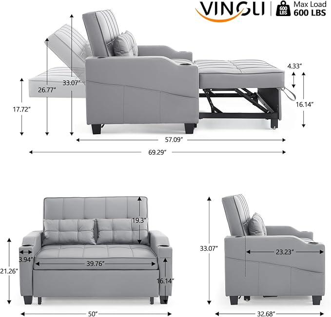 VINGLI Light Grey Futon Sofa Bed Convertible Loveseat Sleeper Couch Faux Leather Pullout Sofa Fold Out Couch Bed with USB Ports Cup Holders Armrest for Living Room Bedroom Apartment Room