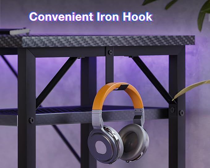 ODK 61 L Shaped Gaming Desk with Hutch &amp Headphone Hook Corner Computer Table with Storage Shelves for Home Office Black