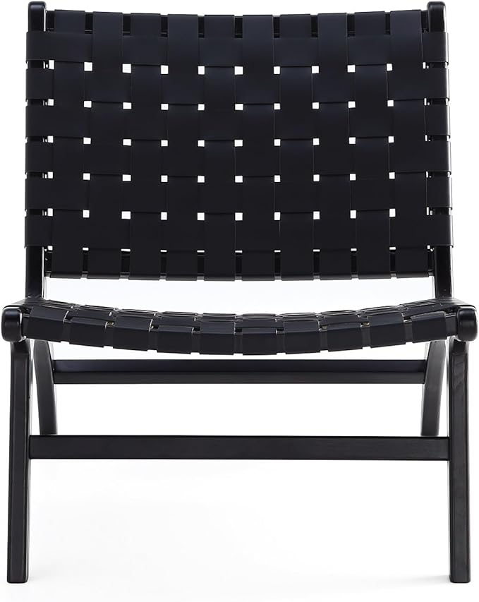 Manhattan Comfort Maintenon Modern Faux Leather Accent Chair with Solid Ashwood Legs Modern Woven Design Fully Assembled Perfect for Living Room Set of 2 Black/Natural