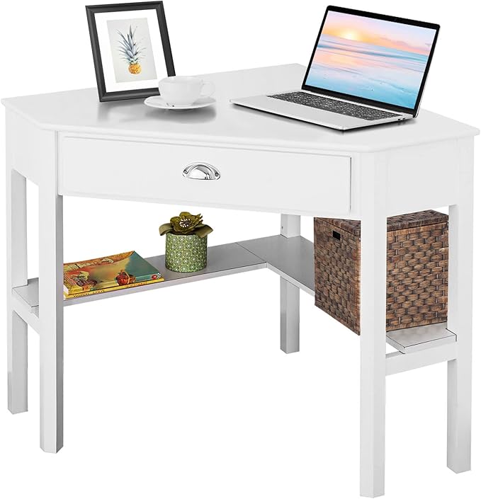 LDAILY White Corner Desk Triangle Makeup Vanity Desk for Small Space Compact Writing Desk with Storage Shelves &amp Drawer Space Saving Corner Computer Desk for Bedroom Home Office