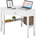 LDAILY White Corner Desk Triangle Makeup Vanity Desk for Small Space Compact Writing Desk with Storage Shelves &amp Drawer Space Saving Corner Computer Desk for Bedroom Home Office