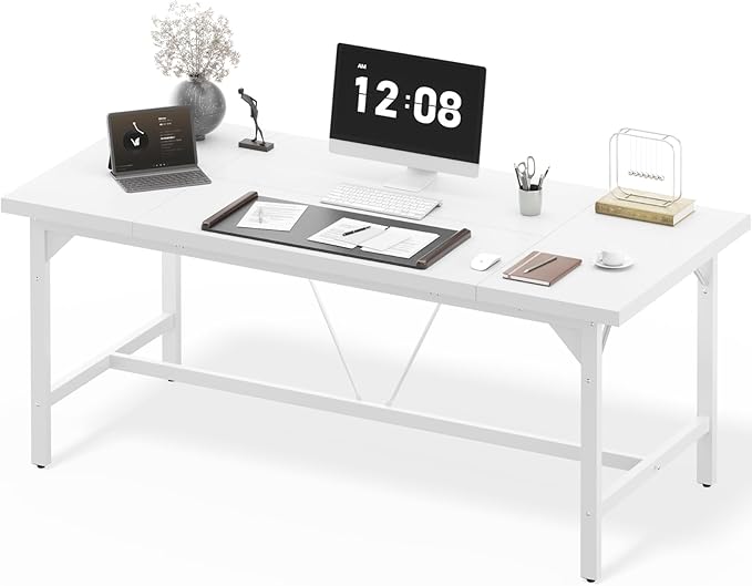 Cyclysio 63 Large Computer Desk Long Office Table with Heavy Duty Metal Frame Modern Study Writing Gaming Desk for 2 Person 1.4 Thick Wood Desktop for Home Office (White 63 Inch)