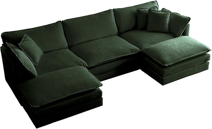 WILLIAMSPACE 111.5 Sectional Sofa Couch for Living Room Modern Upholstered U-Shaped Sofa with 2 Ottoman &amp Toss Pillows Modular 5 Seat Sofa Furniture for Apartment Chenille Fabric (Green)