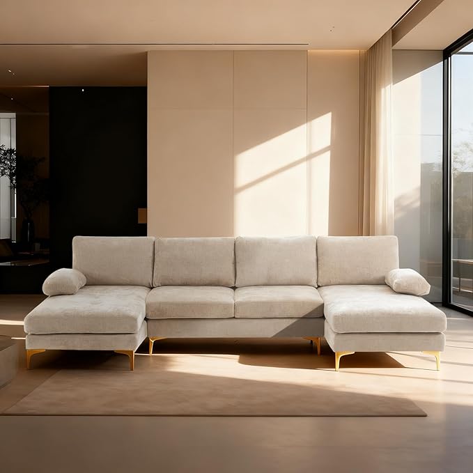 Karl home Convertible Sectional Sofa 110 U-Shape Sofa Couch 4-Seat Couch with Chaise ChenilleFabric Upholstered for Living Room Apartment Office Camel