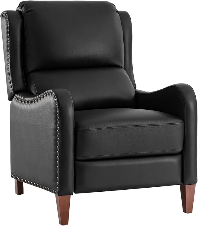 HULALA HOME Genuine Leather Recliner Chair Modern Push Back Recliner Armchair with Thick Seat Backrest &amp Footrest Nailhead Decor for Living Room Bedroom Black