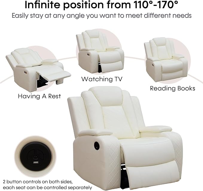 Oversized Recliner Chair Multifunction Power Leather Recliners with Home Theater Seating Oversized Single Electric Recliner Furniture for Living Room Apartment Home Theater White