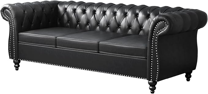 PU 3 Seater Sofa Chesterfield Sofa Modern Tufted Couch 3 Seater Large Sofa with Scroll Arms and Nailhead for Living Room Black PU