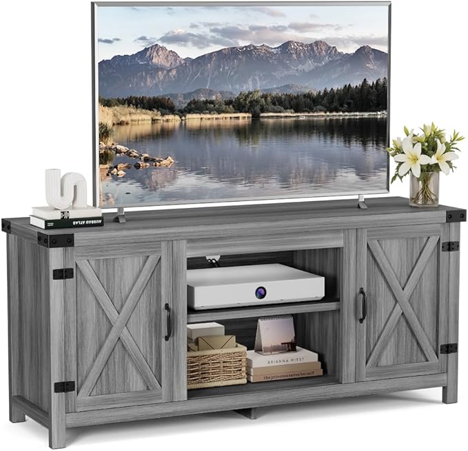 YESHOMY Modern Farmhouse TV Stand with Two Barn Doors and Storage Cabinets for Televisions up to 65+ InchEntertainment Center Console TableMedia Furniture for Living Room Grey