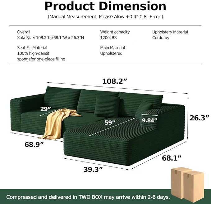 MoonSpeak 107 Sectional Boneless Couches for Living Room.Deep Seat Corduroy L Shaped Modular Sofa.Cloud Sectional Sofa.Upholstered Couches with Oversized Chaise(GreenRight Chaise)