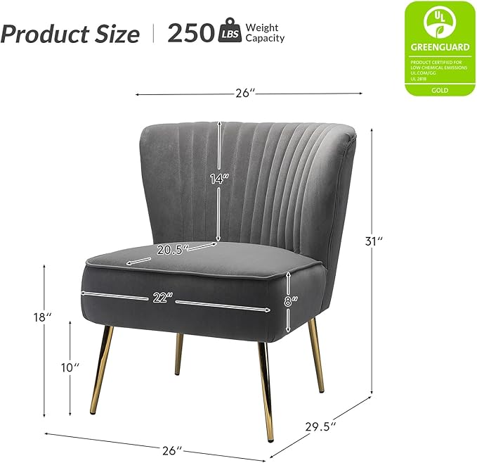 HULALA Home Velvet Accent Chair Set of 2 Modern Armless Upholstered Side Chair with Glam Gold Metal Legs for Vanity Living Room Bedroom - Grey